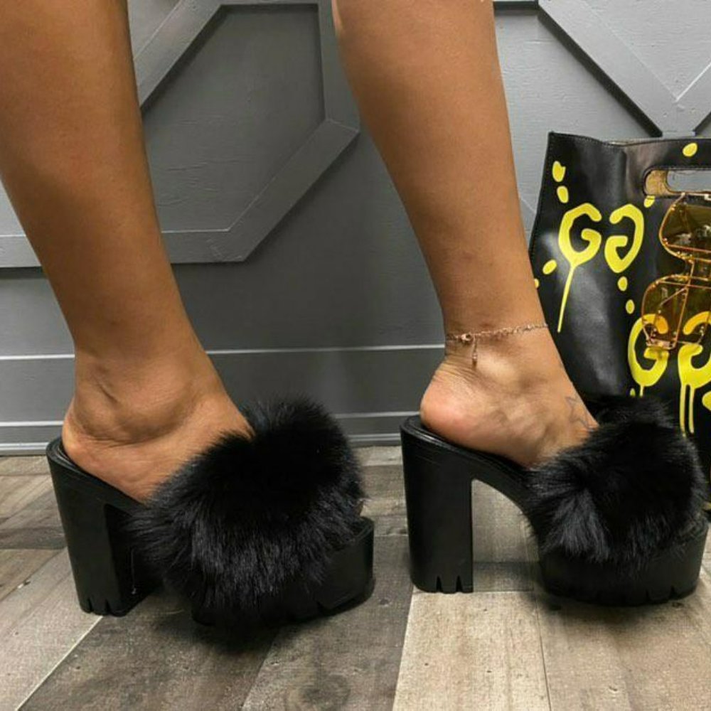 Cape Robbin Chardonnay Fur Block Heel -  Black